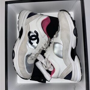 Chanel Calfskin Fabric Sneakers 38 White Silver Fluo Pink